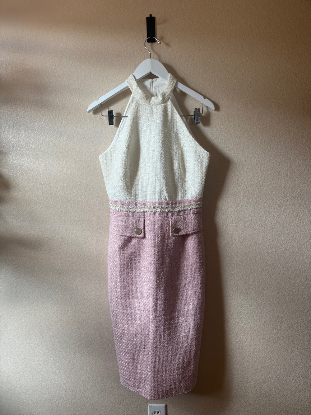 MOTF Ivory and Pink One-Shoulder Tweed Sheath Dress